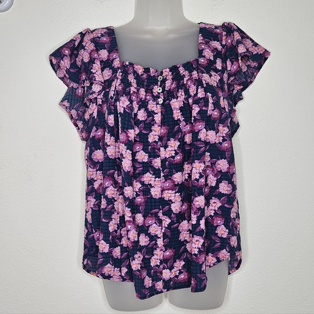 NWT Draper James RSVP Flutter Sleeve Floral Smocked Square Neck Top Navy Purple